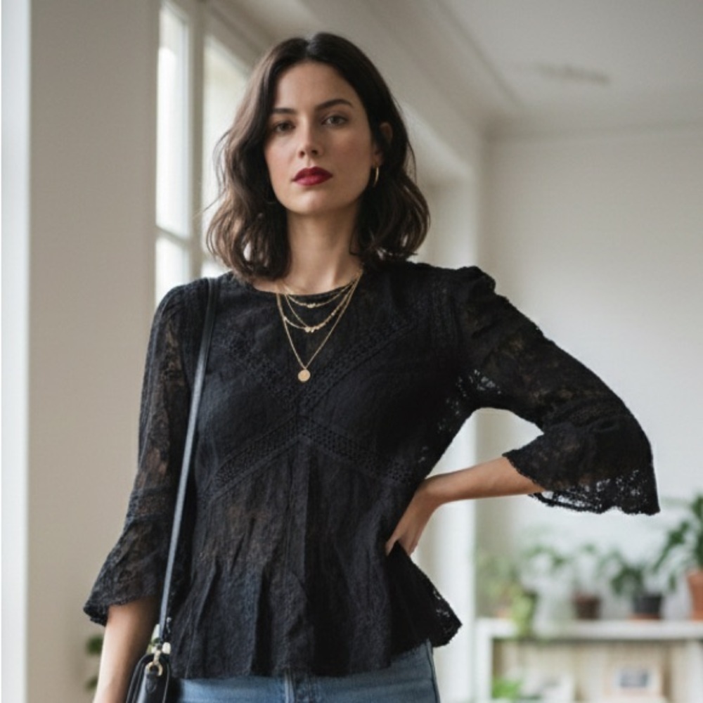 The Kooples Peplum Black Lace Blouse - size small